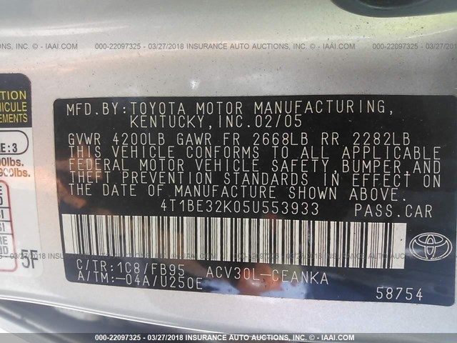 4T1BE32K05U553933 - 2005 TOYOTA CAMRY LE/XLE/SE SILVER photo 9
