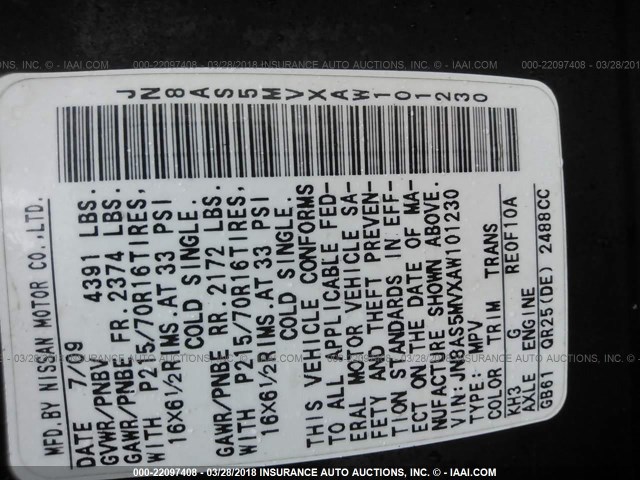 JN8AS5MVXAW101230 - 2010 NISSAN ROGUE S/SL/KROM 黑色 照片 9