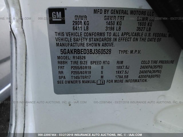 5GAKRBED3BJ360528 - 2011 BUICK ENCLAVE CXL 白色 照片 9