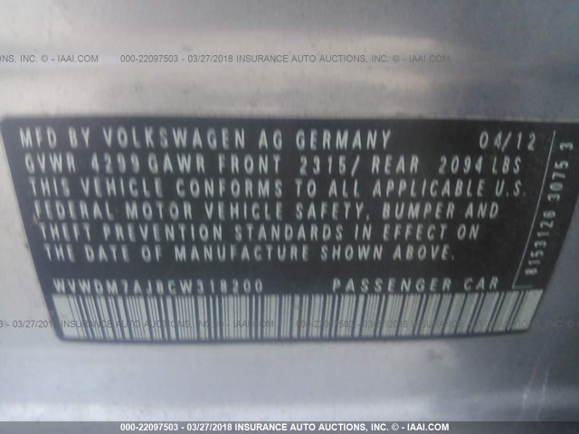 WVWDM7AJ8CW318200 - 2012 VOLKSWAGEN GOLF SILVER photo 9