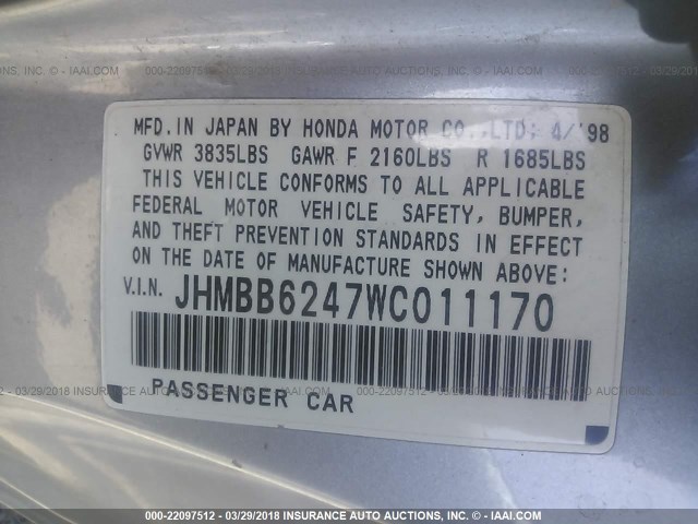 JHMBB6247WC011170 - 1998 HONDA PRELUDE SILVER photo 9