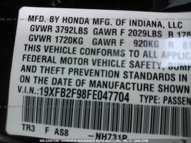 19XFB2F98FE047704 - 2015 HONDA CIVIC EXL BLACK photo 9