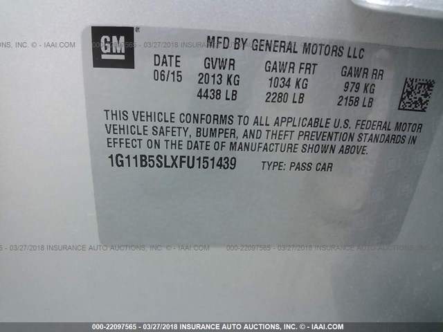 1G11B5SLXFU151439 - 2015 CHEVROLET MALIBU LS 银色 照片 9