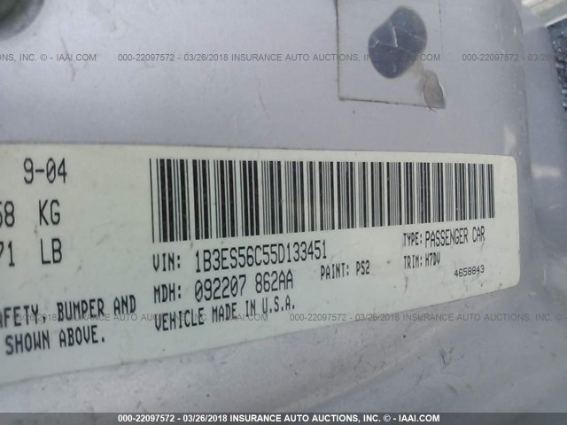 1B3ES56C55D133451 - 2005 DODGE NEON SXT GRAY photo 9