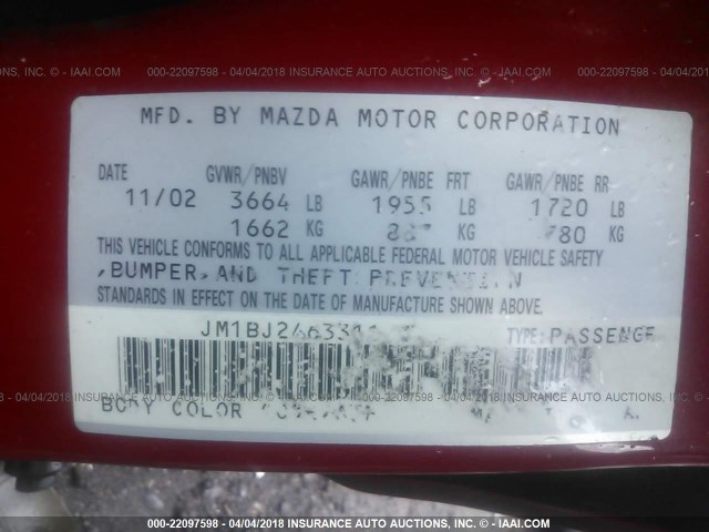 JM1BJ246331143703 - 2003 MAZDA PROTEGE PR5 红色 照片 9