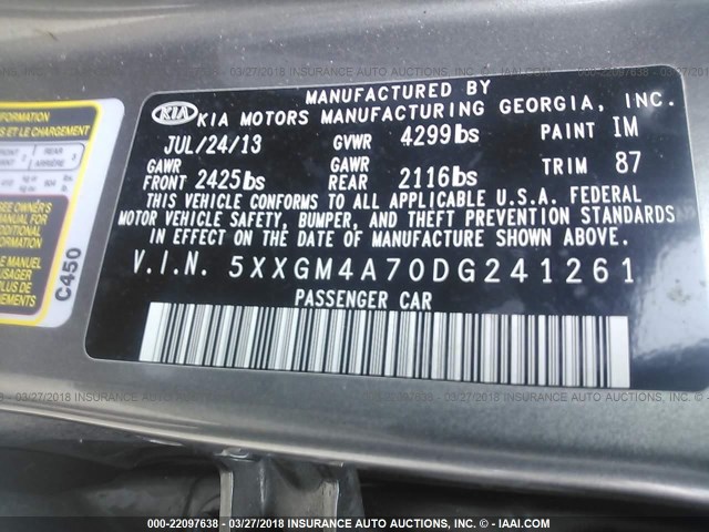 5XXGM4A70DG241261 - 2013 KIA OPTIMA LX GRAY photo 9