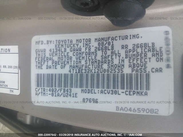 4T1BE32K12U002535 - 2002 TOYOTA CAMRY LE/XLE/SE ოქროსფერი ფოტო 9