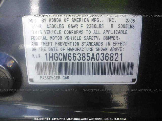 1HGCM66385A036821 - 2005 HONDA ACCORD LX GRAY photo 9