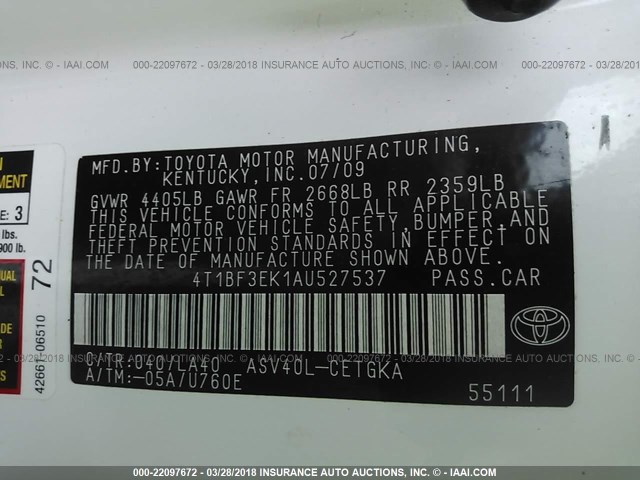 4T1BF3EK1AU527537 - 2010 TOYOTA CAMRY SE/LE/XLE WHITE photo 9