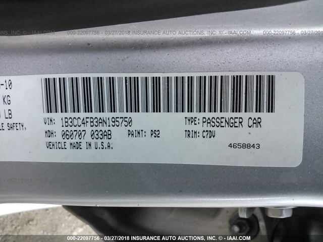 1B3CC4FB3AN195750 - 2010 DODGE AVENGER SXT SILVER photo 9