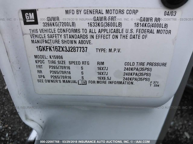 1GKFK16ZX3J287737 - 2003 GMC YUKON XL K1500 WHITE photo 9