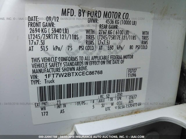 1FT7W2BTXCEC86768 - 2012 FORD F250 SUPER DUTY თეთრი ფოტო 9