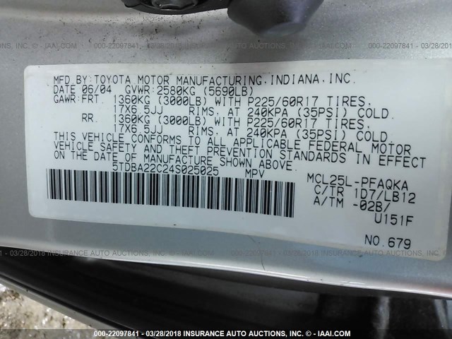 5TDBA22C24S025025 - 2004 TOYOTA SIENNA XLE/XLE LIMITED SILVER photo 9