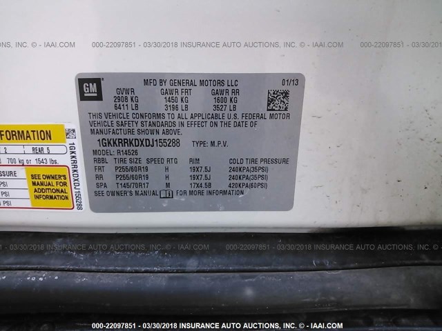 1GKKRRKDXDJ155288 - 2013 GMC ACADIA SLT-1 Weiß Foto 9