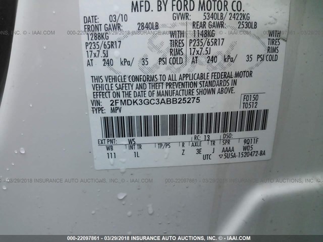 2FMDK3GC3ABB25275 - 2010 FORD EDGE SE WHITE photo 9