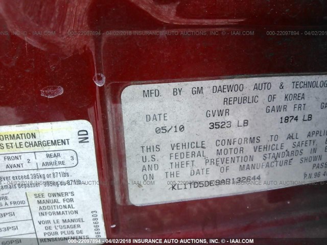 KL1TD5DE9AB132644 - 2010 CHEVROLET AVEO LS/LT 红色 照片 9