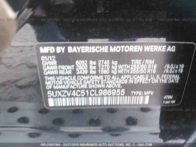 5UXZV4C51CL986955 - 2012 BMW X5 XDRIVE35I BLACK photo 9