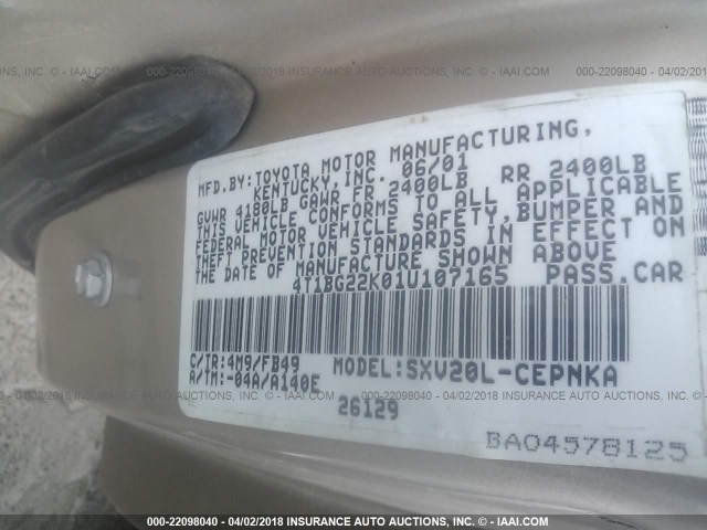 4T1BG22K01U107165 - 2001 TOYOTA CAMRY CE/LE/XLE GOLD photo 9