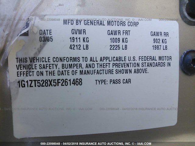 1G1ZT528X5F261468 - 2005 CHEVROLET MALIBU LS ოქროსფერი ფოტო 9