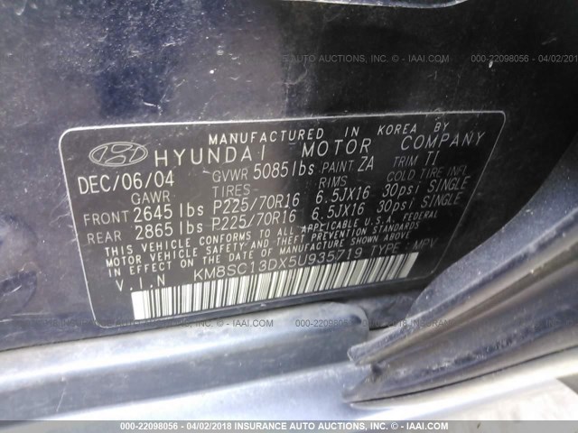 KM8SC13DX5U935719 - 2005 HYUNDAI SANTA FE GLS/LX BLUE photo 9