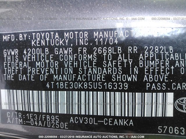 4T1BE30K85U516339 - 2005 TOYOTA CAMRY LE/XLE/SE GRAY photo 9