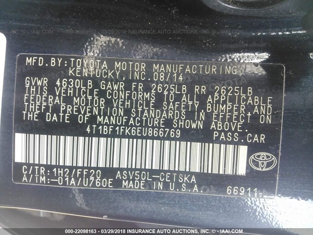 4T1BF1FK6EU866769 - 2014 TOYOTA CAMRY L/SE/LE/XLE 深蓝色 照片 9