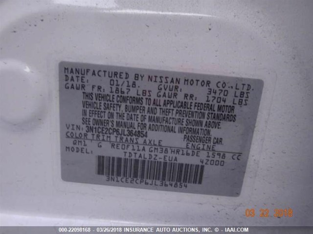 3N1CE2CP6JL364854 - 2018 NISSAN VERSA NOTE S/S PLUS/SV/SL/SR WHITE photo 12