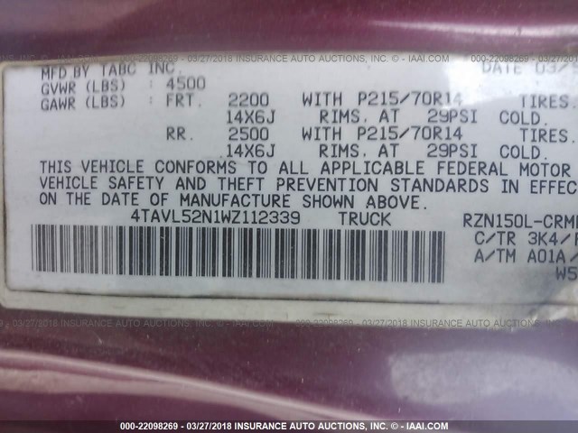 4TAVL52N1WZ112339 - 1998 TOYOTA TACOMA XTRACAB RED photo 9