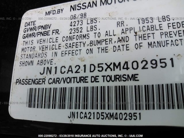 JN1CA21D5XM402951 - 1999 NISSAN MAXIMA GLE/GXE/SE BLACK photo 9