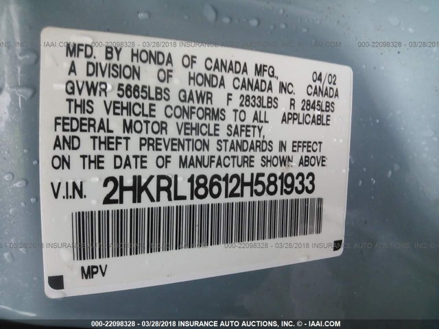 2HKRL18612H581933 - 2002 HONDA ODYSSEY EX Light Blue photo 9