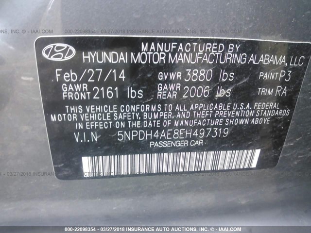 5NPDH4AE8EH497319 - 2014 HYUNDAI ELANTRA SE/SPORT/LIMITED GRAY photo 9