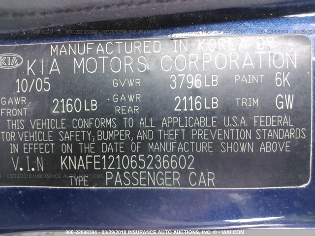 KNAFE121065236602 - 2006 KIA NEW SPECTRA LX/EX BLUE photo 9