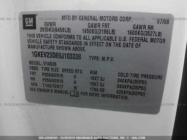 1GKEV23D69J103338 - 2009 GMC ACADIA SLT-1 Weiß Foto 9
