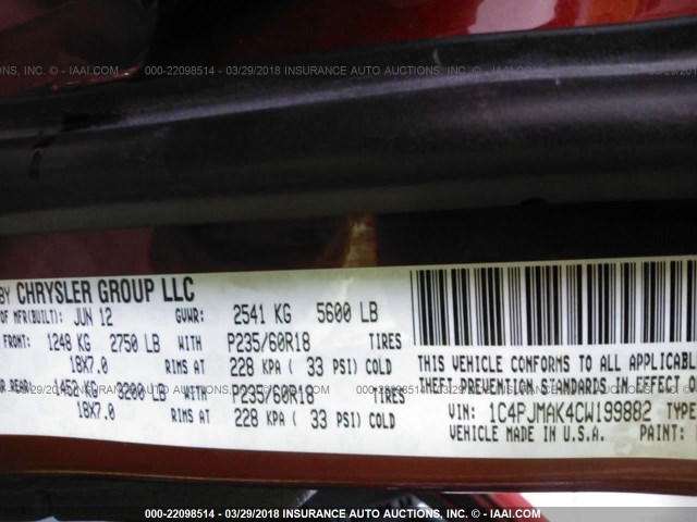 1C4PJMAK4CW199882 - 2012 JEEP LIBERTY SPORT 红色 照片 9