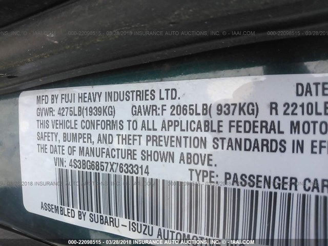 4S3BG6857X7633314 - 1999 SUBARU LEGACY OUTBACK/SSV/LIMITED/30TH GREEN photo 9