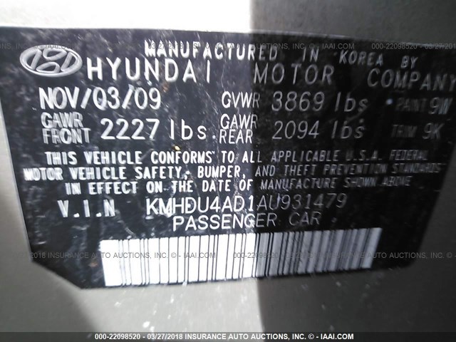 KMHDU4AD1AU931479 - 2010 HYUNDAI ELANTRA BLUE/GLS/SE GOLD photo 9