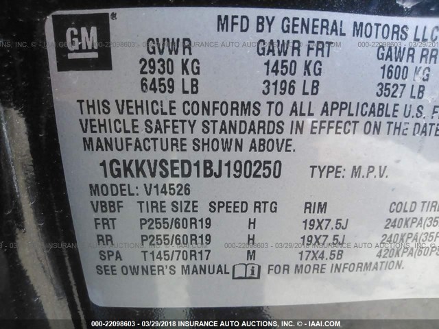 1GKKVSED1BJ190250 - 2011 GMC ACADIA SLT-2 BLACK photo 9