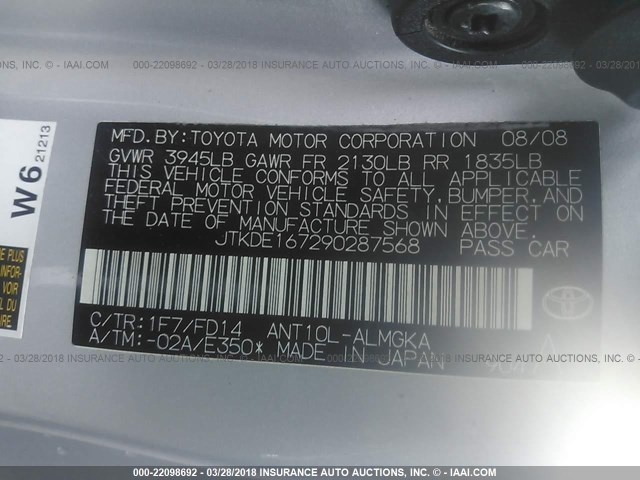 JTKDE167290287568 - 2009 TOYOTA SCION TC 银色 照片 9