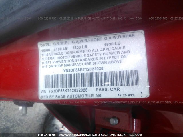 YS3DF58K712022028 - 2001 SAAB 9-3 SE RED photo 9