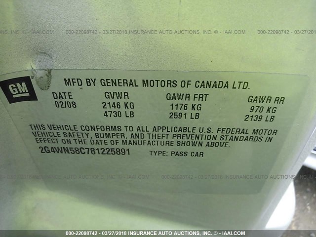 2G4WN58C781225891 - 2008 BUICK LACROSSE SUPER SERIES SILVER photo 9