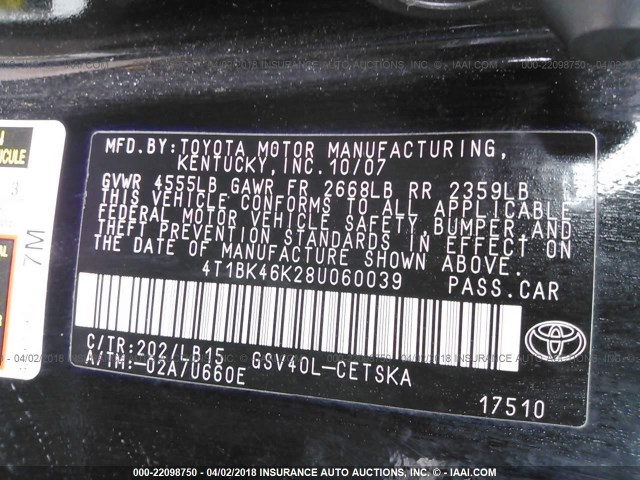 4T1BK46K28U060039 - 2008 TOYOTA CAMRY LE/XLE/SE შავი ფოტო 9