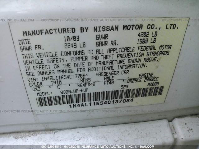 1N4AL11E54C137084 - 2004 NISSAN ALTIMA S/SL WHITE photo 9