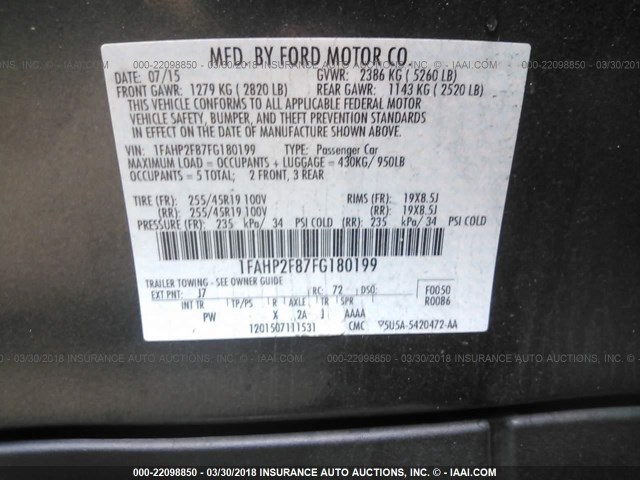 1FAHP2F87FG180199 - 2015 FORD TAURUS LIMITED GRAY photo 9