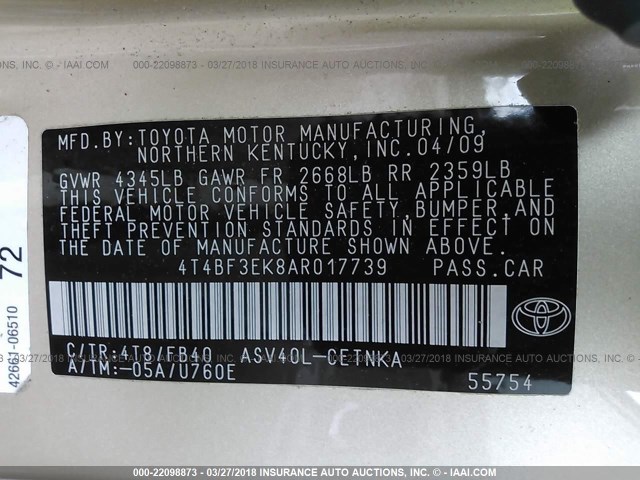 4T4BF3EK8AR017739 - 2010 TOYOTA CAMRY SE/LE/XLE GOLD photo 9