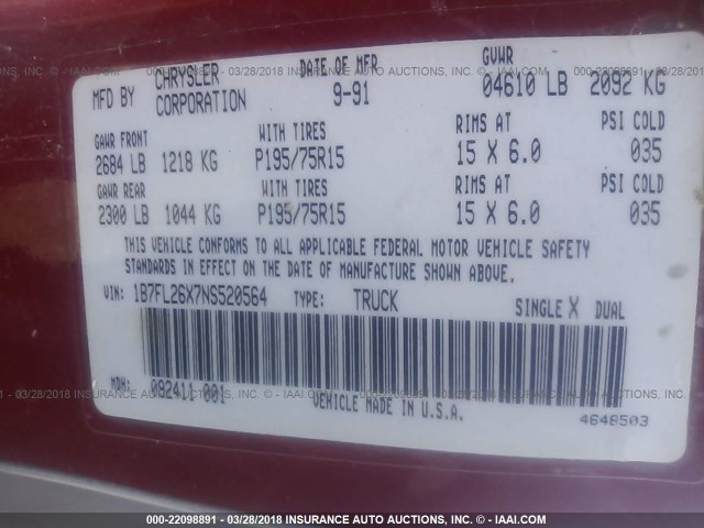 1B7FL26X7NS520564 - 1992 DODGE DAKOTA RED photo 9