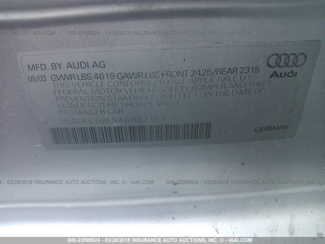 WAULC68EX4A082193 - 2004 AUDI A4 1.8T QUATTRO SILVER photo 9