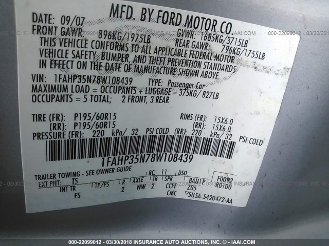 1FAHP35N78W108439 - 2008 FORD FOCUS SE/SEL/SES GRAY photo 9