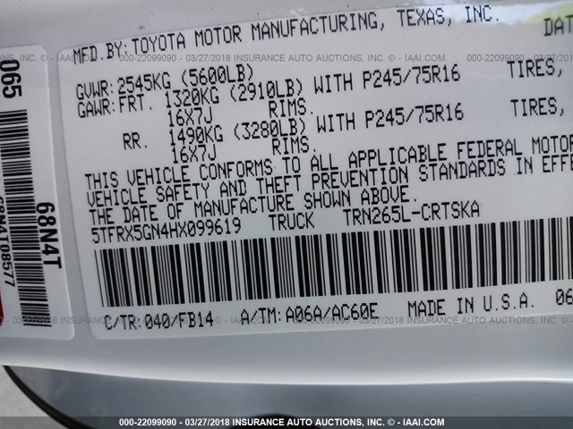 5TFRX5GN4HX099619 - 2017 TOYOTA TACOMA ACCESS CAB/SR/SR5 WHITE photo 9