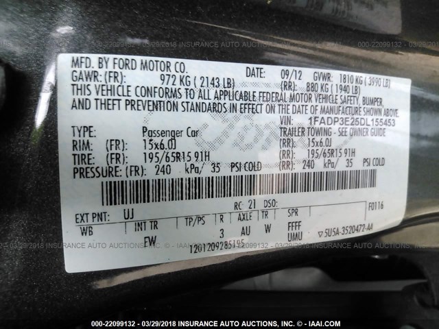 1FADP3E25DL155453 - 2013 FORD FOCUS S GRAY photo 9