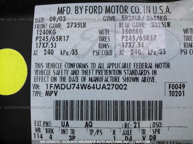 1FMDU74W64UA27002 - 2004 FORD EXPLORER EDDIE BAUER BLACK photo 9